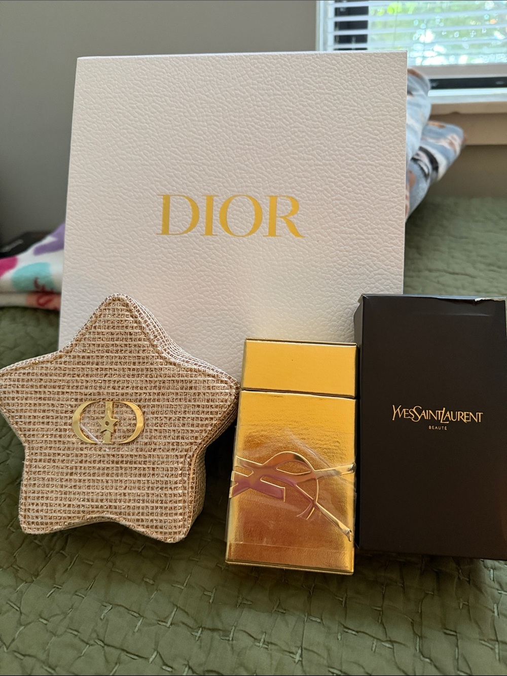 Dior Gold Star NWOT , NIB & YSL Gold Beaute NIB  Gold Box Top open Container